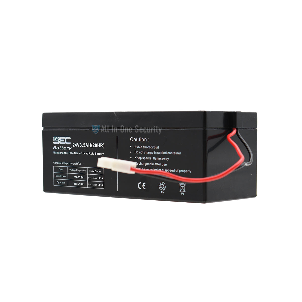ProSec 24V 3.5Ah sealed lead-acid rechargeable battery, black casing, side angle view with Molex Clip