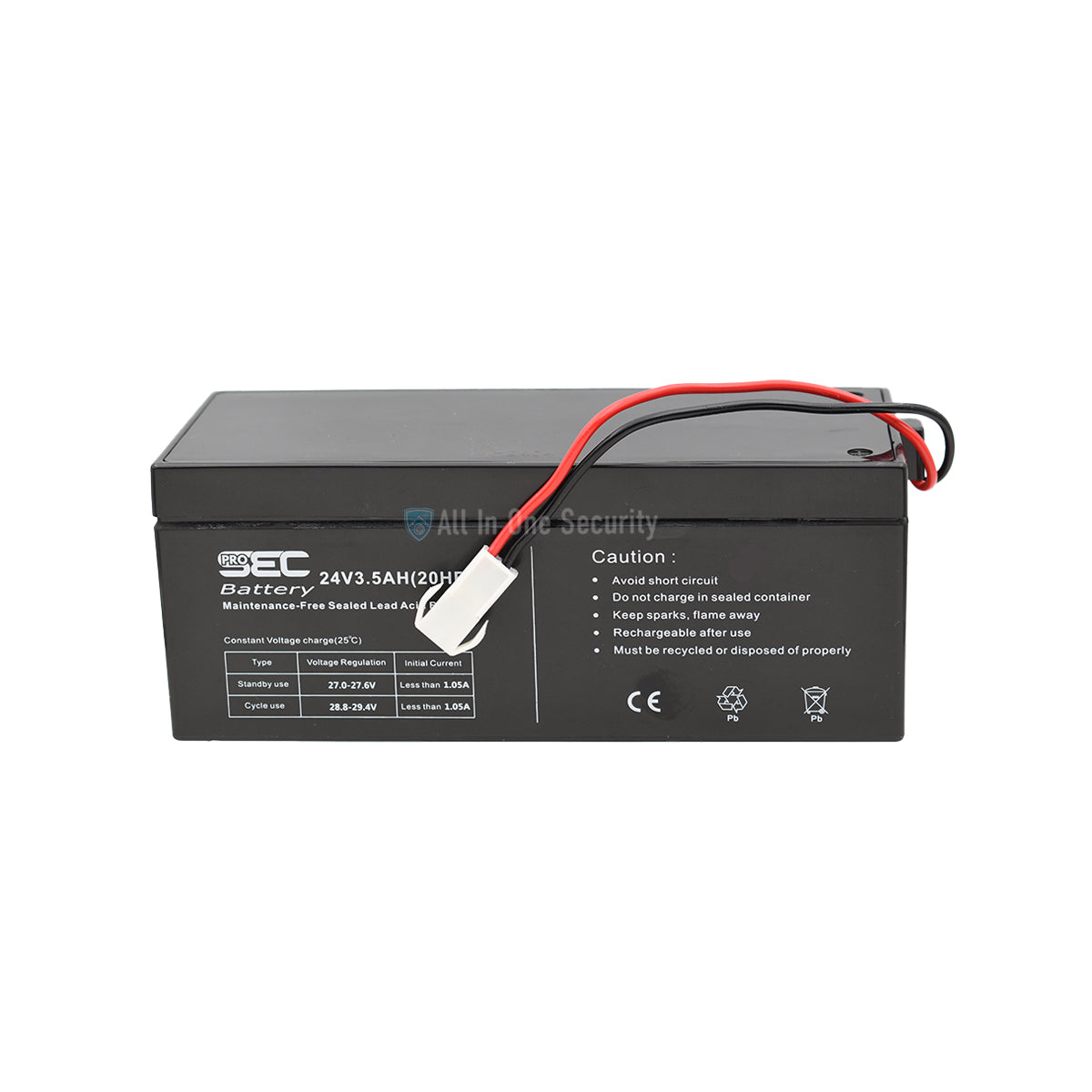 ProSec 24V 3.5Ah sealed lead-acid rechargeable battery, front top angle view for DTS Rollup and Sectional Garage Door Operators