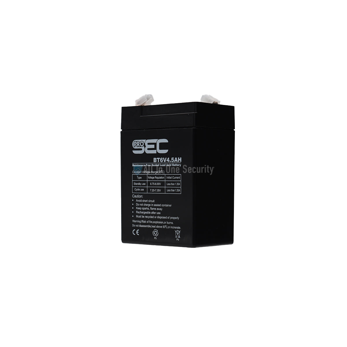 ProSec 6V 4.5Ah rechargeable sealed lead-acid battery with detailed safety and usage instructions.