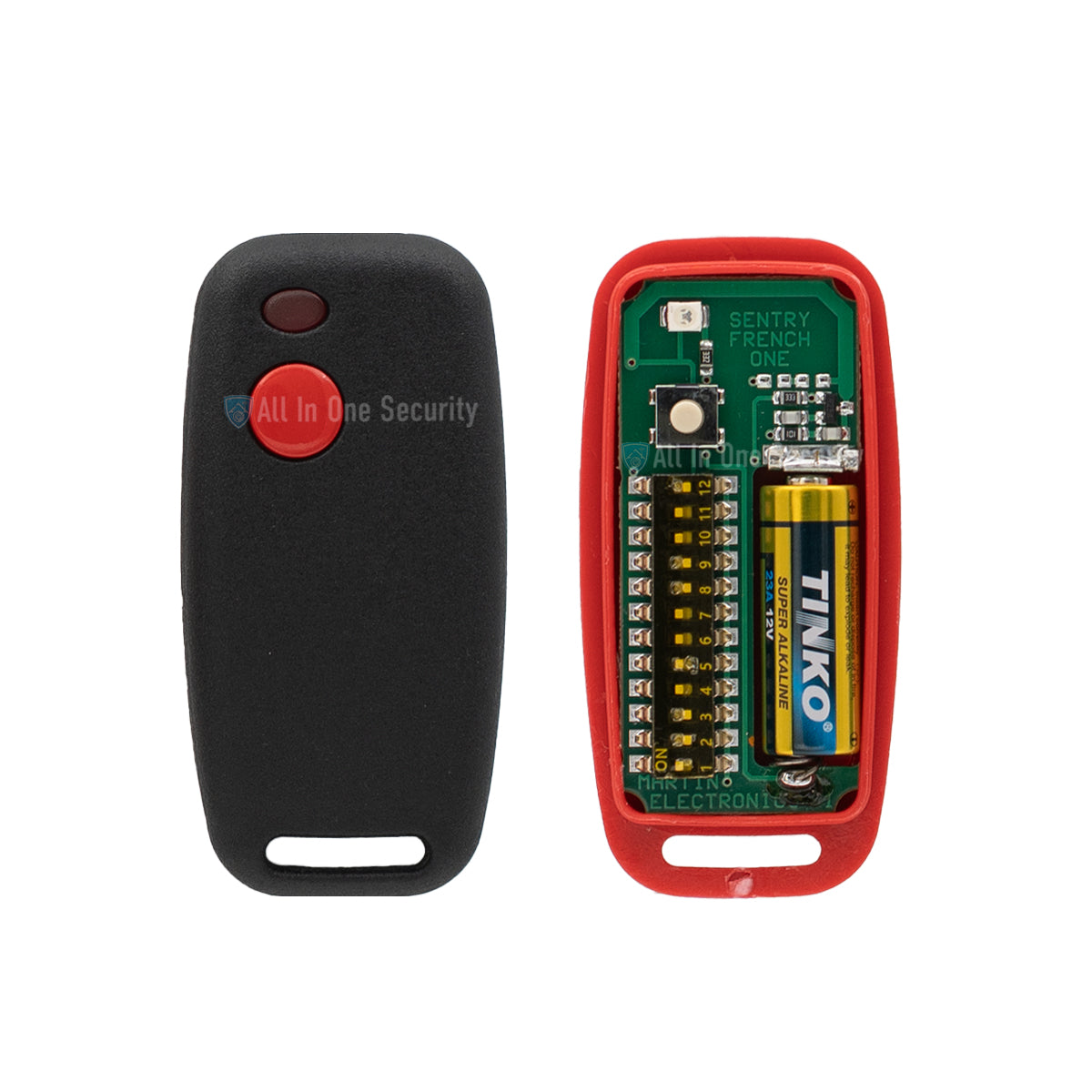 Sentry 1 button French remote 403MHz inside view showing circuit board and battery, compact design for gate and garage automation