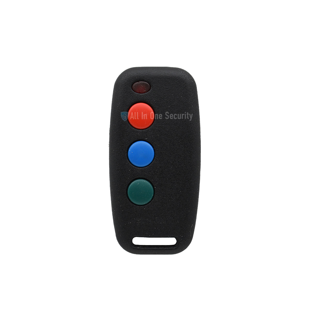 Front view of Sentry 3 button binary remote 403MHz with red, blue, and green buttons for gate or garage door automation systems.