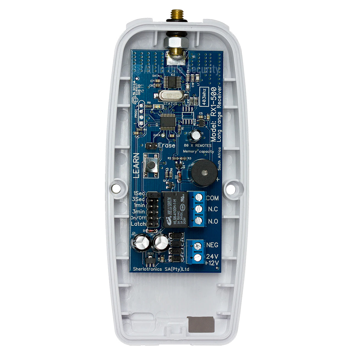 Sherlotronics 1-Channel 500m Range Receiver PCB with learn, erase, and switch options for remote control systems.