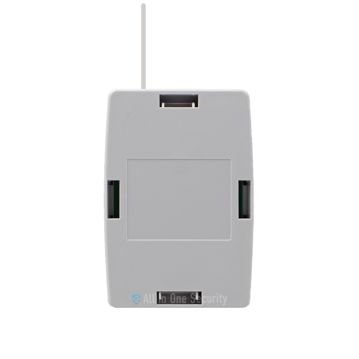 Sherlotronics 1 channel indoor transmitter S1 back view with white casing and antenna, compact design for easy mounting.