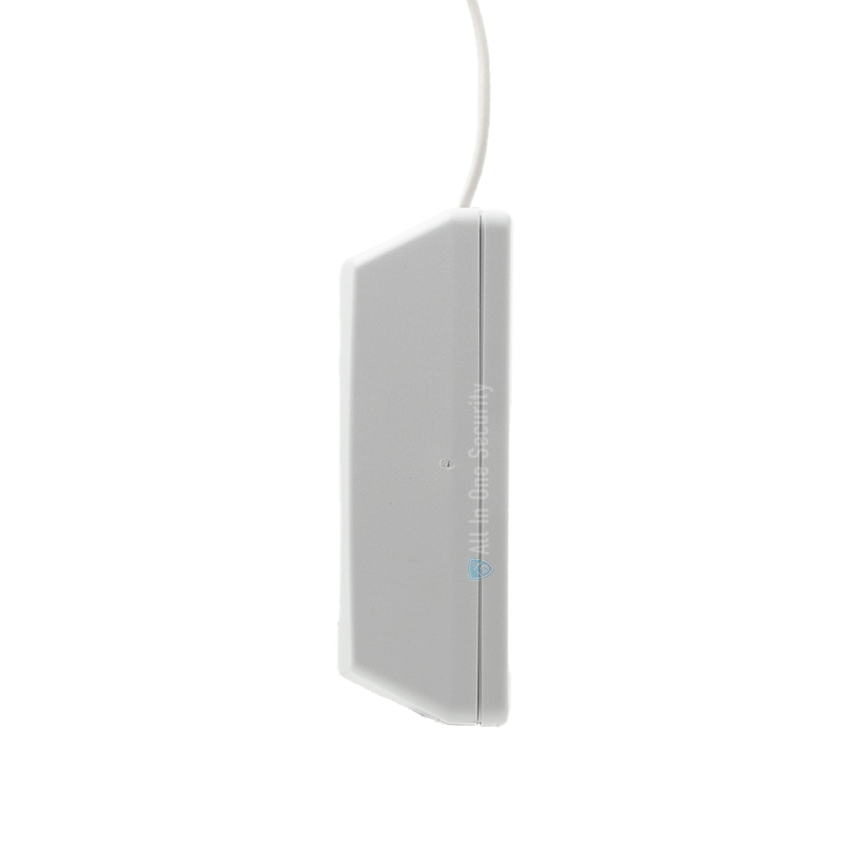 Sherlotronics 1 channel indoor transmitter S1 side view with slim white casing and antenna wire for compact installation