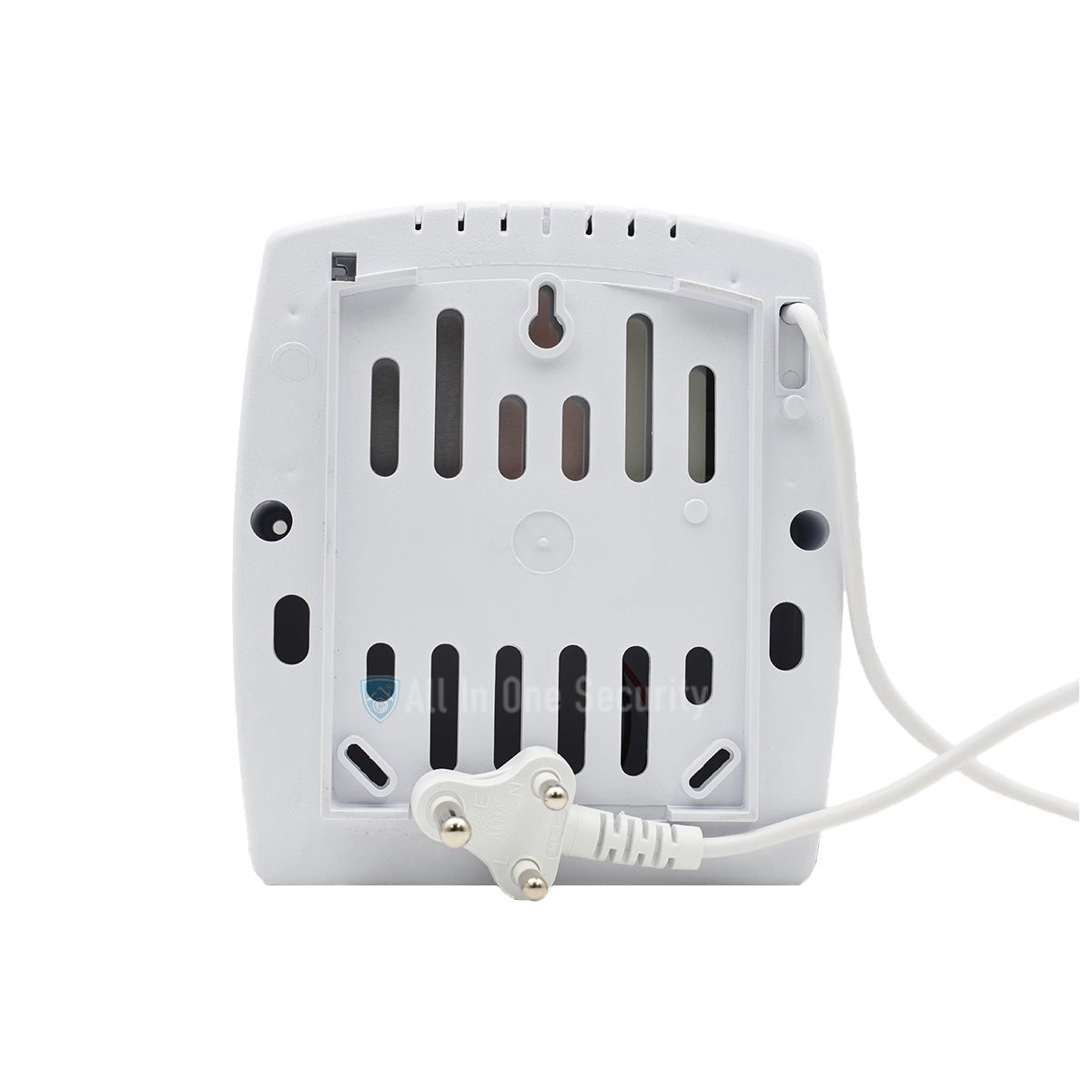 Back view with wall-mount slots, ventilation design, and AC input cable.