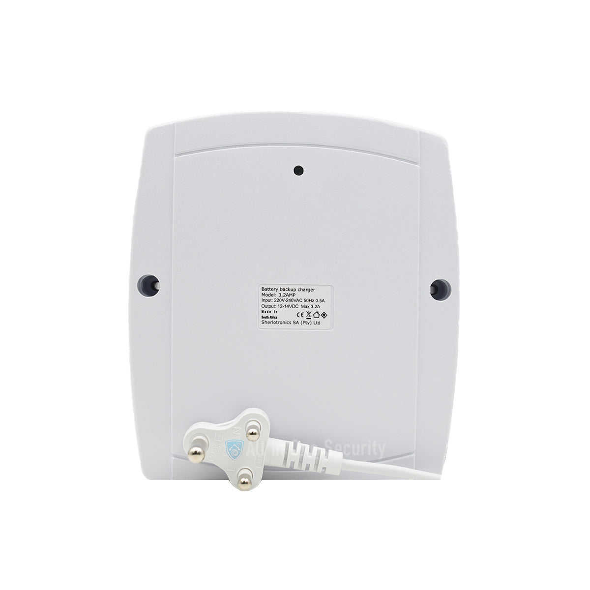 Sherlotronics 12V 3.2A battery backup power supply front view with durable casing and AC input cable for reliable backup power