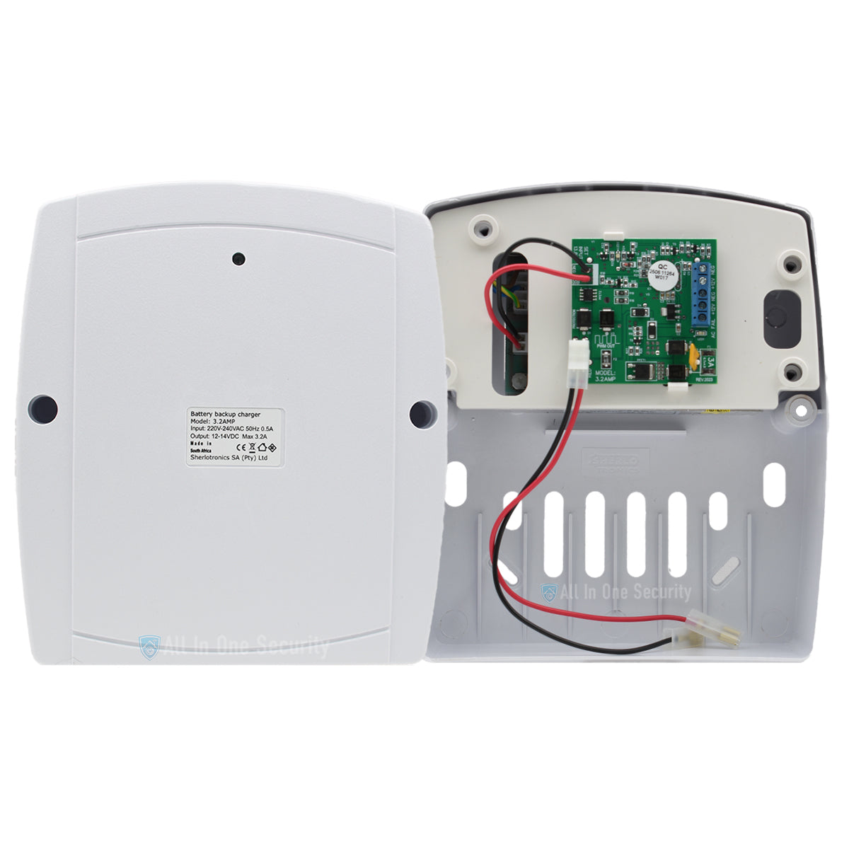 Sherlotronics 12V 3.2A battery backup power supply inside view showing wiring, PCB board, and enclosure design.