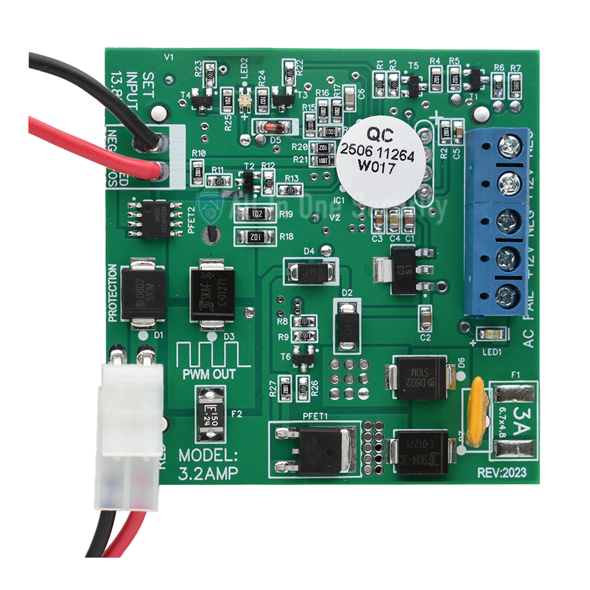 Sherlotronics 12V 3.2A battery backup power supply PCB view showing circuit board, wiring, and electronic components.