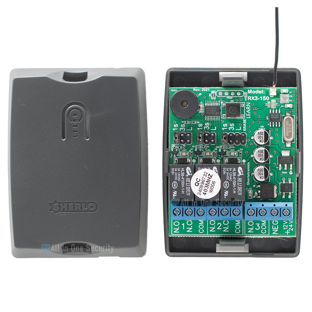 Sherlotronics 3 channel 403MHz receiver inside view with circuit board, relays, terminals and learn button for security systems.