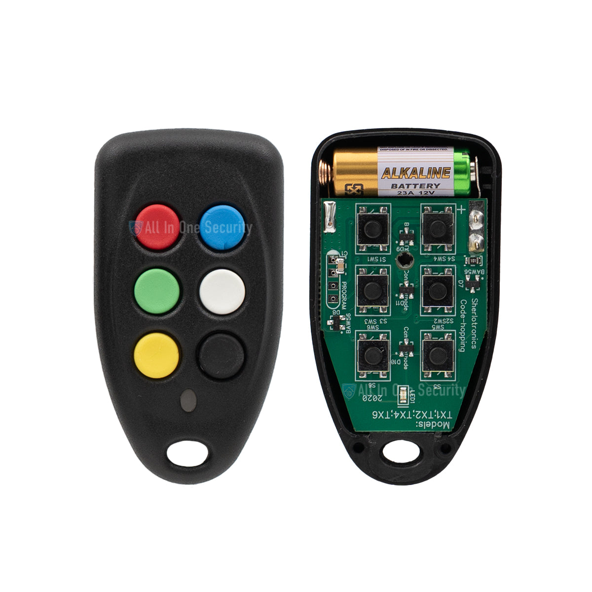 Sherlotronics 6-button remote transmitter 403 MHz inside view.