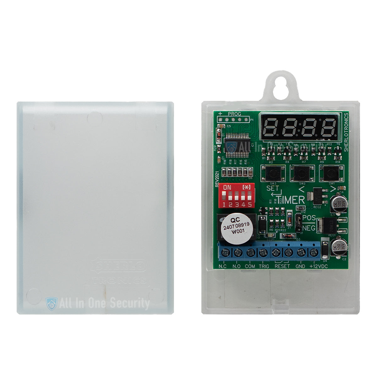Sherlotronics multifunction digital timer module inside view showing PCB with LED display, DIP switches, and protective casing.
