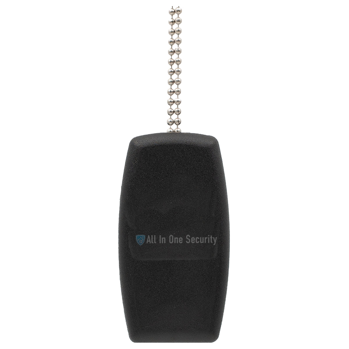 Sherlotronics PTX1 panic button remote 403MHz, back view with keychain attachment for personal safety and emergency use
