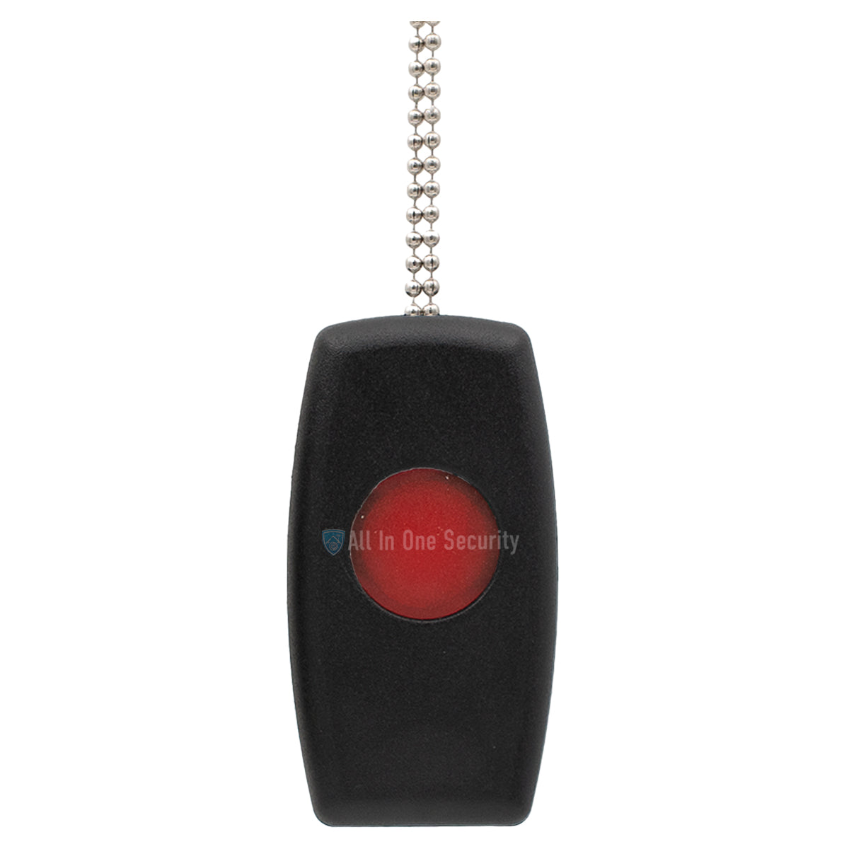 Sherlotronics PTX1 panic button remote 403MHz front view with black casing, red emergency button, and keychain attachment.
