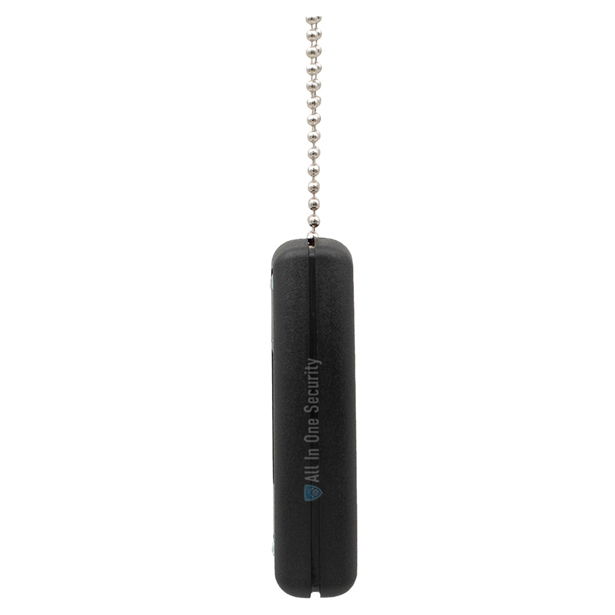 Sherlotronics PTX1 panic button remote 403MHz, slim side view with keychain attachment for compact personal security use