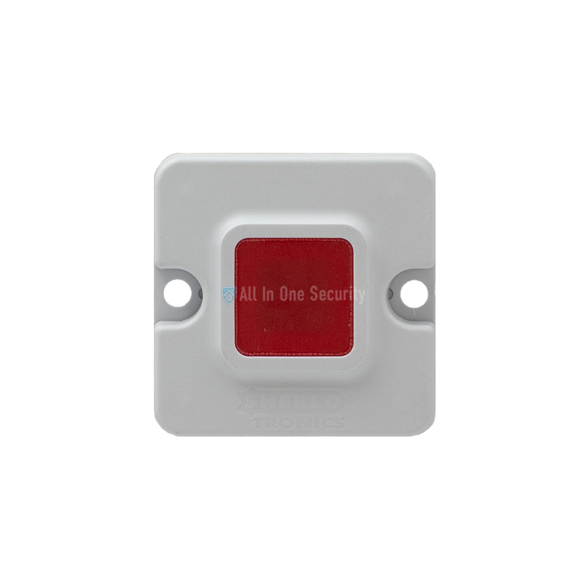 Sherlotronics wall mount panic button transmitter WMTX 403MHz, front view with large red emergency button for security use