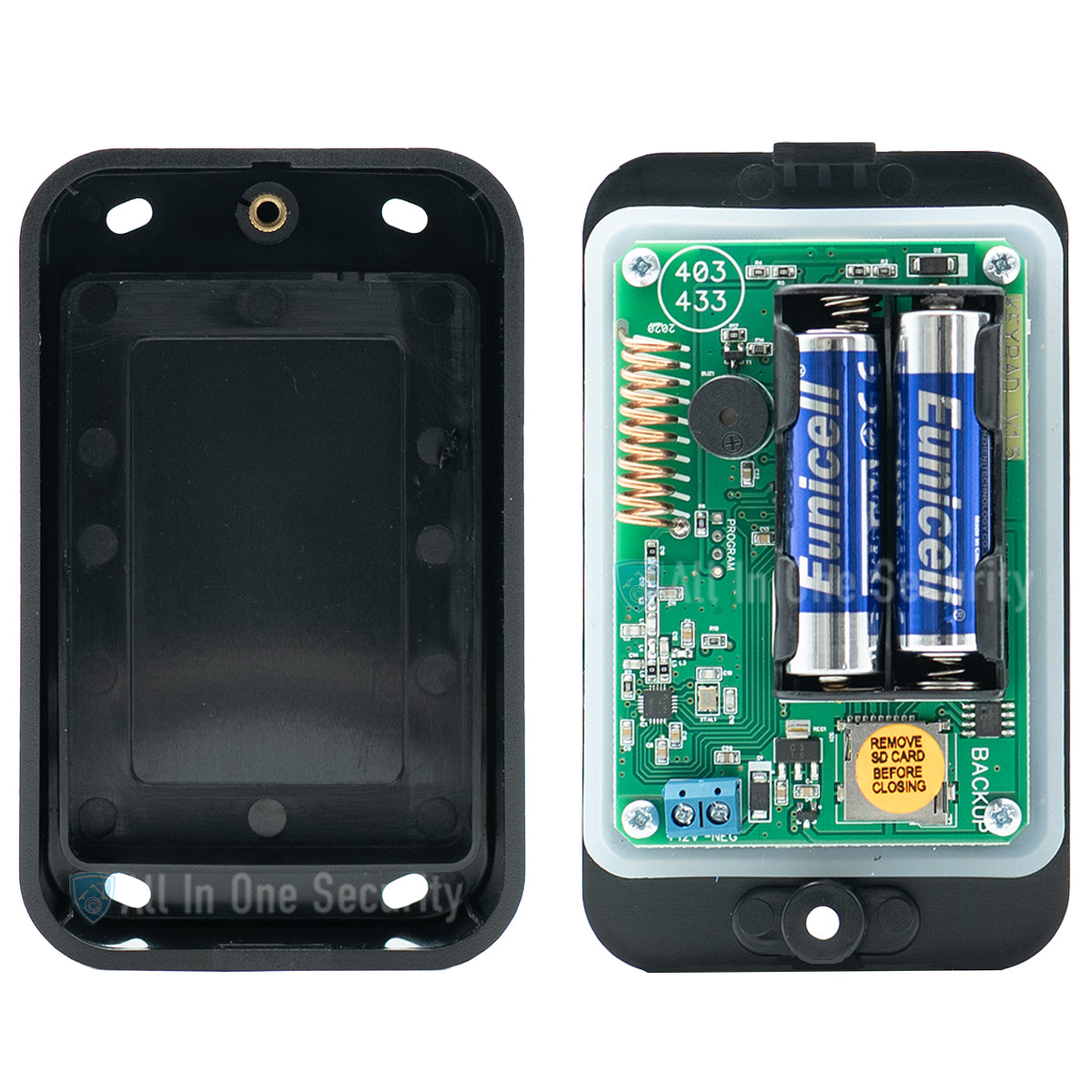 Sherlotronics wireless 9-channel 1000 user keypad inside view showing battery compartment and electronic circuit board.