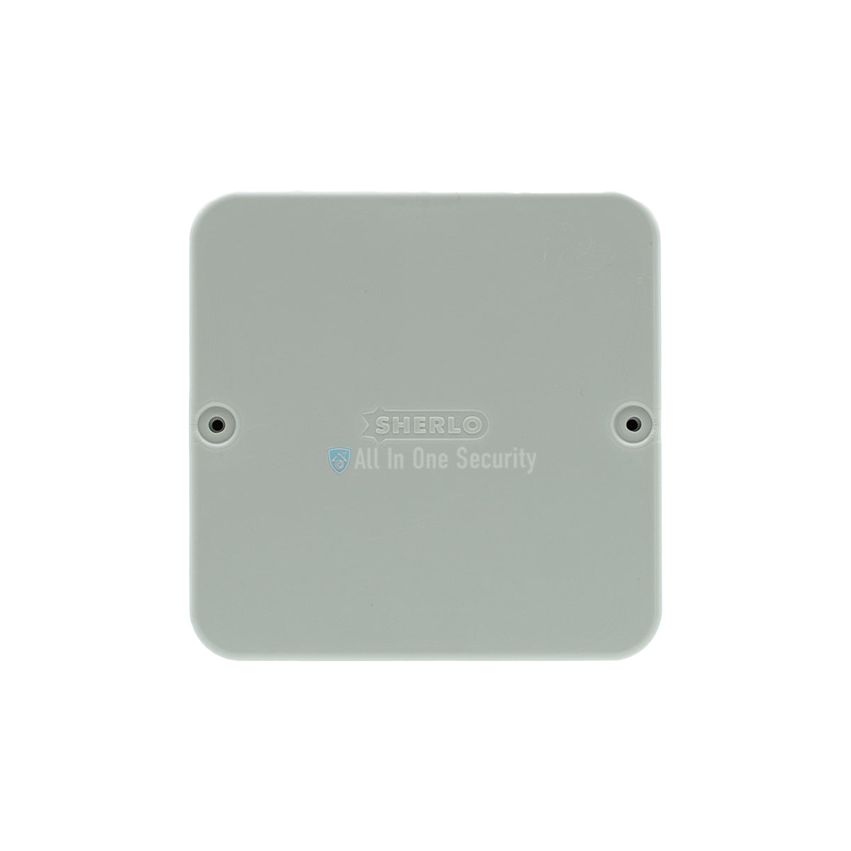 Sherlotronics wireless gate alarm transmitter 433Mhz front view with compact square design and secure mounting points