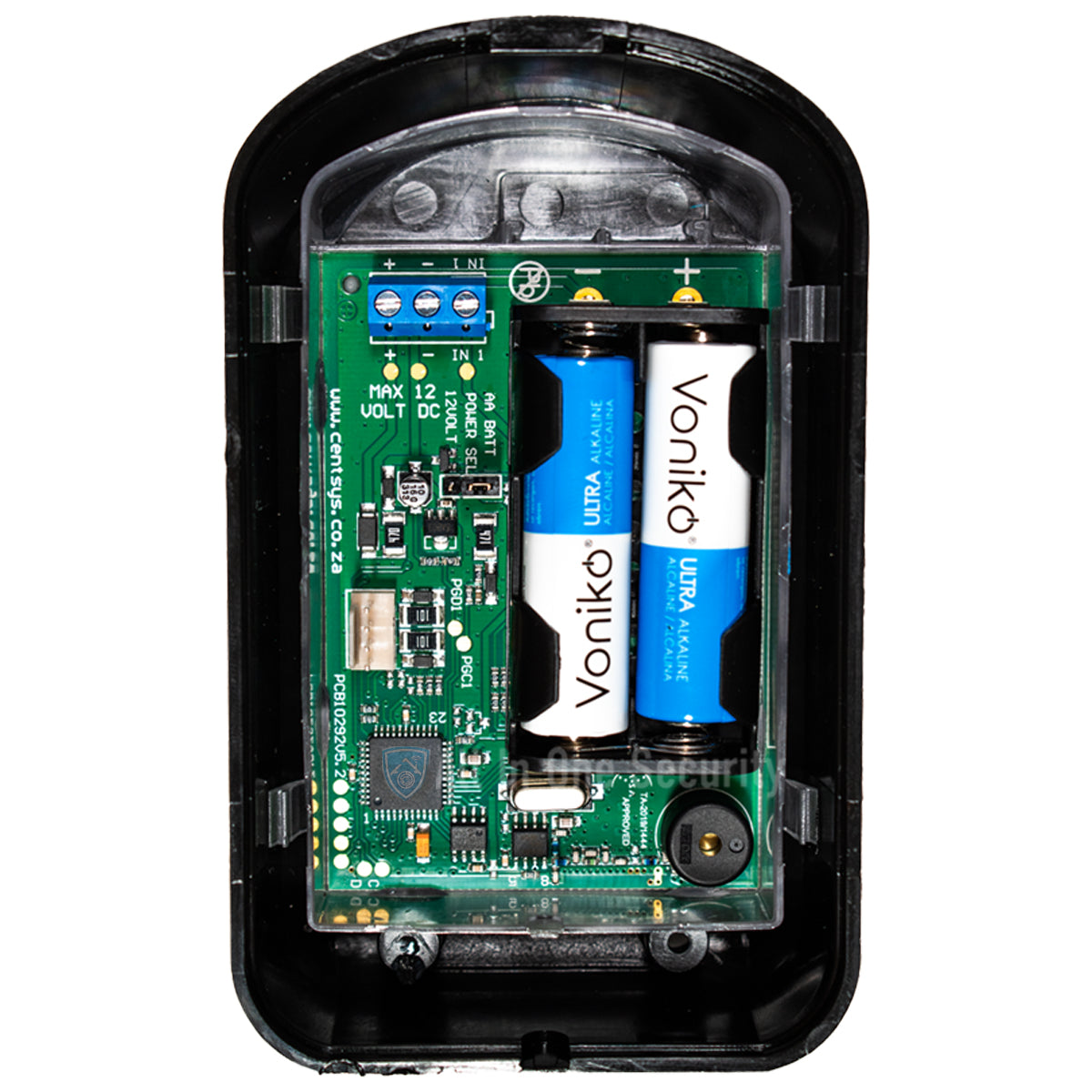 Centurion SmartGuard Air wireless keypad internal PCB view with batteries and electronic circuit components