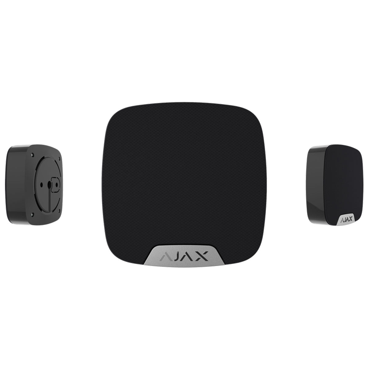 Ajax Compact Wireless Indoor HomeSiren black shown in multiple angle views, modern security alarm device for indoor protection.