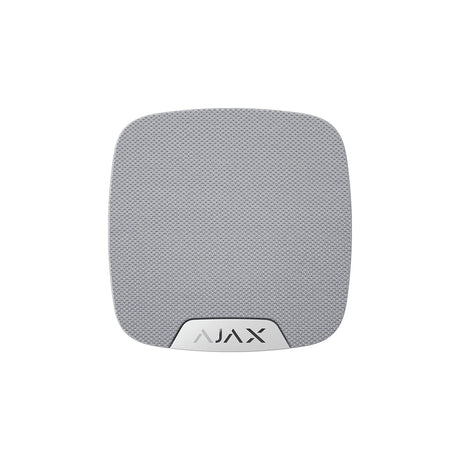 Ajax compact wireless indoor HomeSiren in white, front view, designed for smart security alarm systems with modern design.