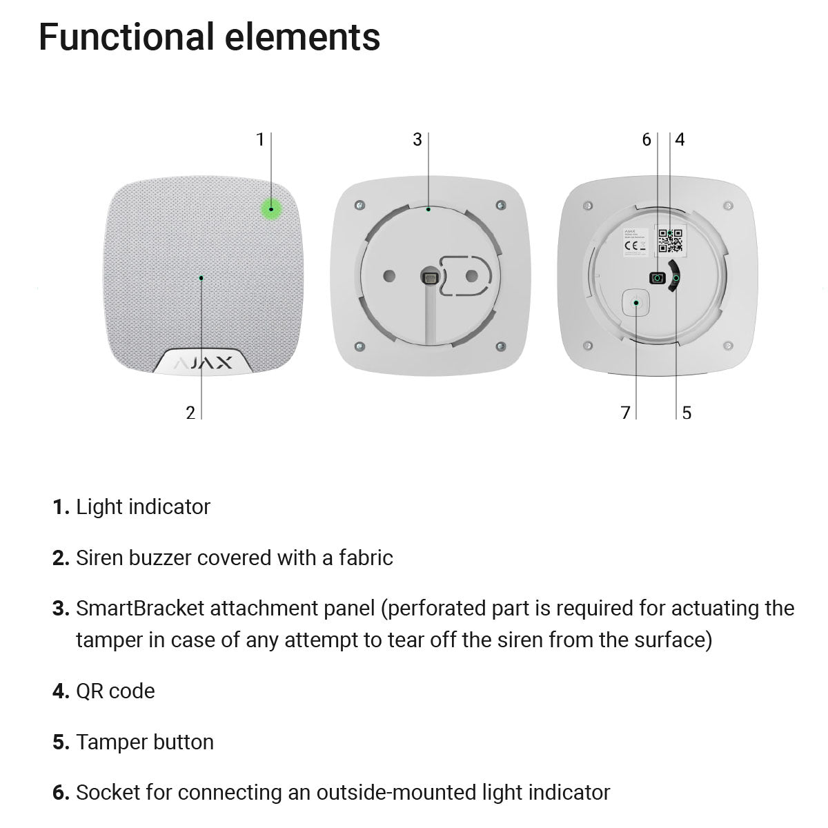 Ajax compact wireless indoor HomeSiren white, functional elements view with labeled features for smart home security system.