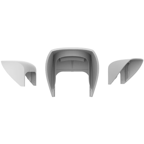 Ajax hood for MotionProtect outdoor sensor, shown in front and side angle views.