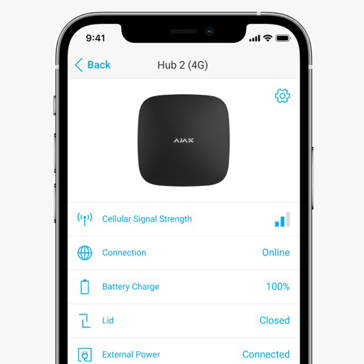 Ajax Hub 2 4G black smart security system displayed on mobile app showing signal strength, battery and connection status