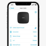 Ajax Hub 2 4G black smart security system displayed on mobile app showing signal strength, battery and connection status