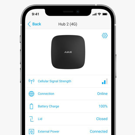 Ajax Hub 2 4G black smart security system displayed on mobile app showing signal strength, battery and connection status