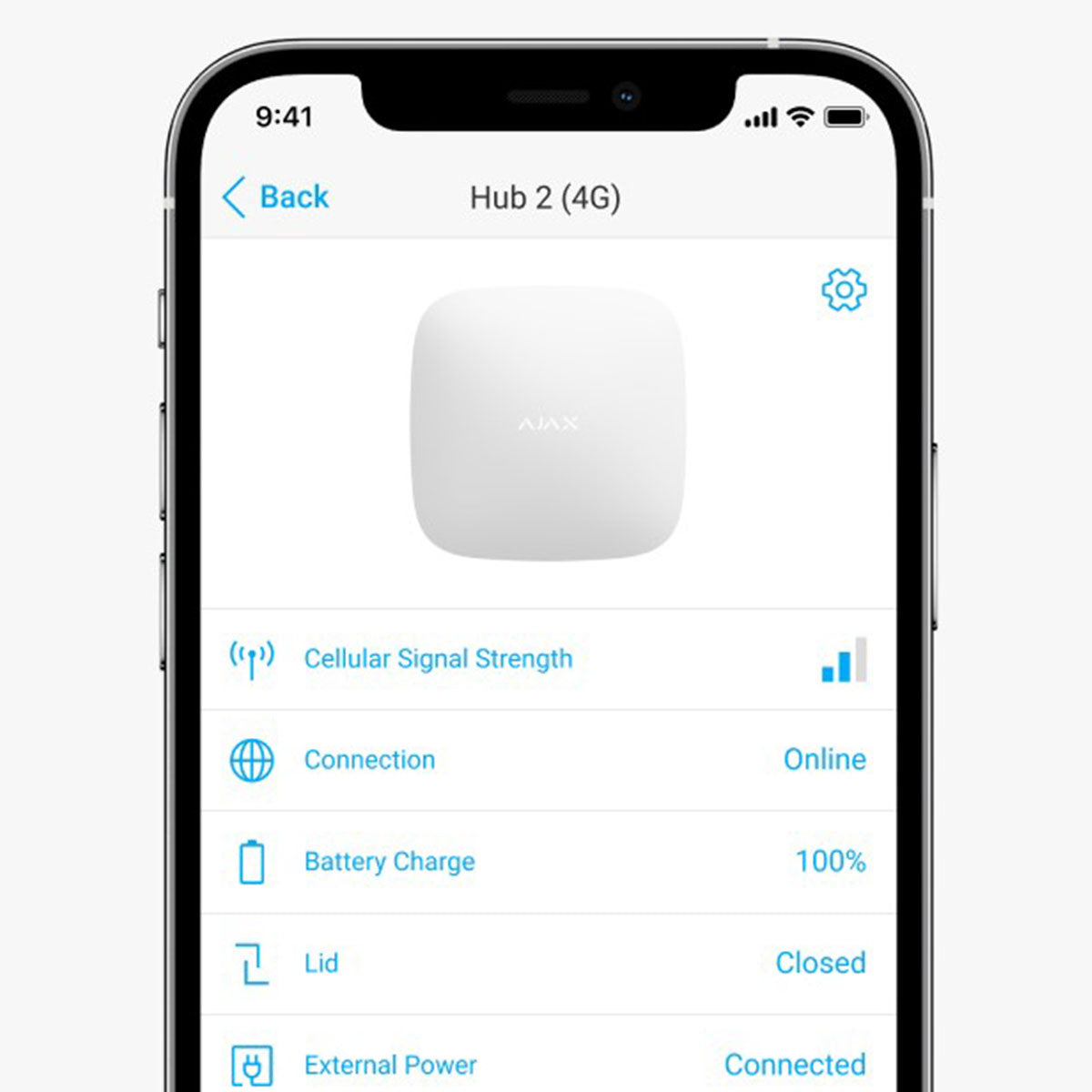 Ajax Hub 2 4G mobile app interface showing device status, signal strength, battery, and power connection for smart security control.