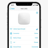 Ajax Hub 2 4G mobile app interface showing device status, signal strength, battery, and power connection for smart security control.