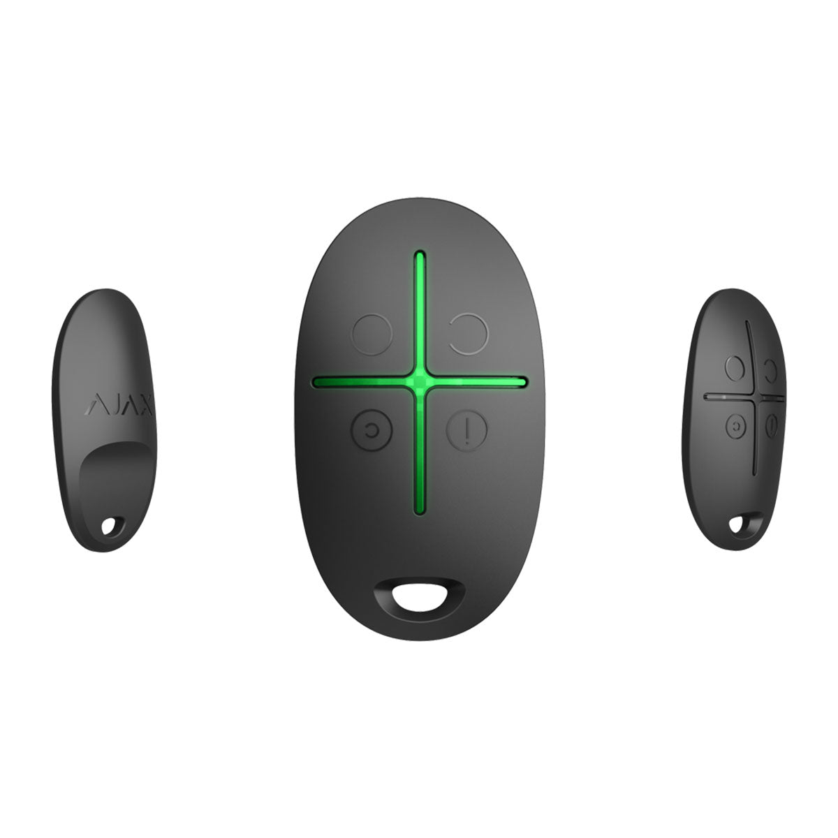 Ajax SpaceControl black 4-button remote angle view with LED indicator, compact key fob for arming, disarming, and panic alarm control.