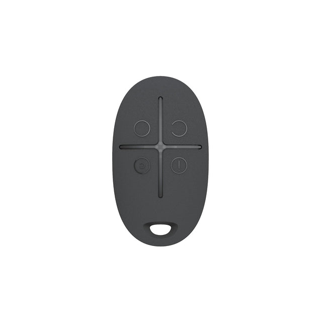 Ajax SpaceControl black 4-button remote front view, compact key fob for arming, disarming, and panic alarm control in Ajax systems.