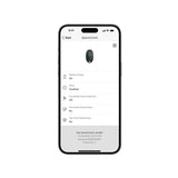 Ajax SpaceControl 4-button remote black shown in mobile app view with battery status, panic mode, and device settings displayed.
