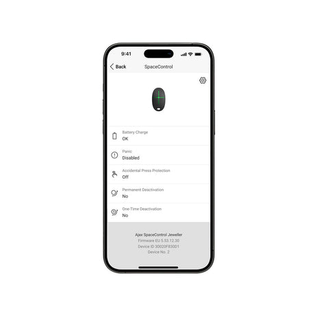 Ajax SpaceControl 4-button remote black shown in mobile app view with battery status, panic mode, and device settings displayed.