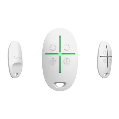 Ajax SpaceControl white 4-button remote with LED indicator, shown in multiple angles for easy wireless security system control.