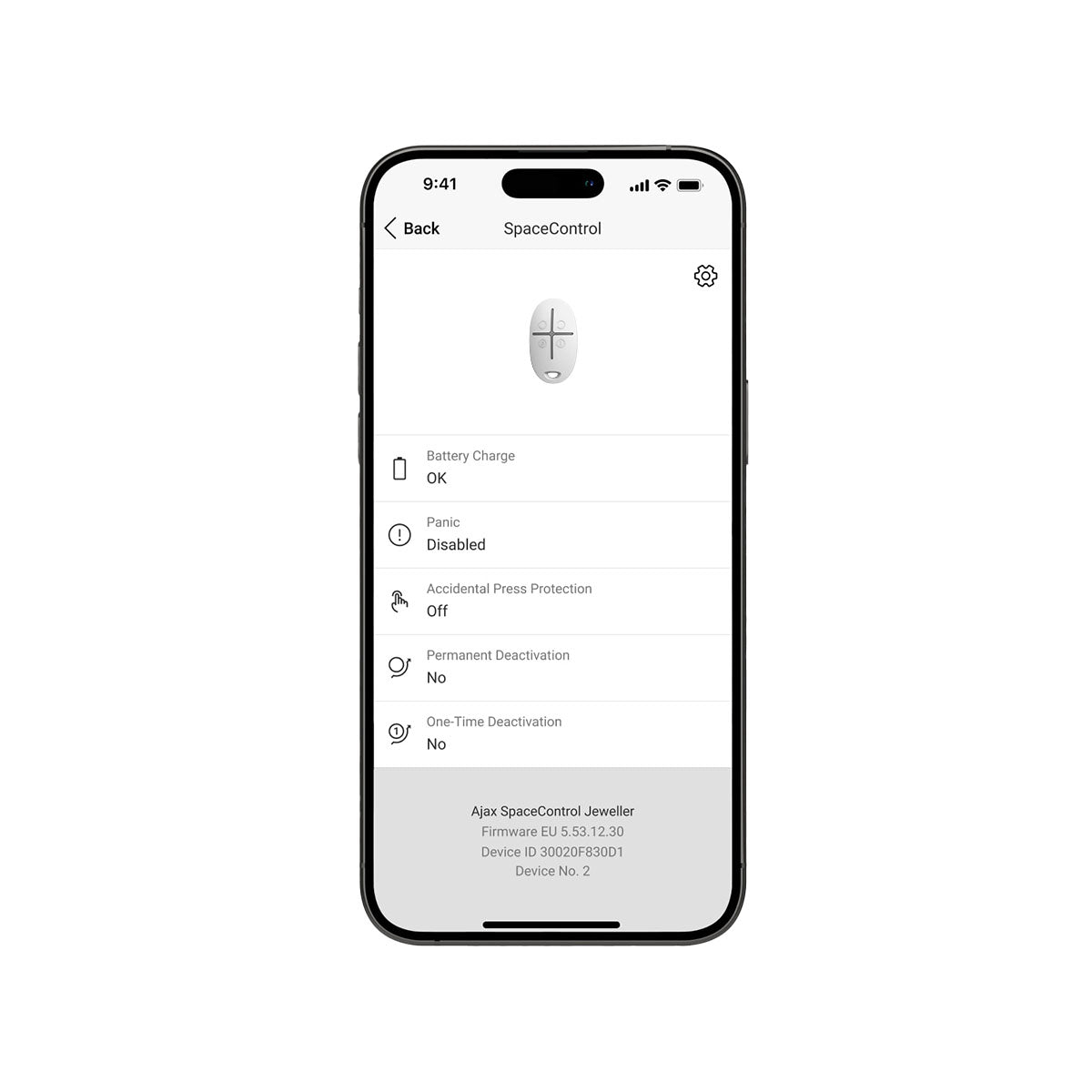 Ajax SpaceControl remote mobile app interface showing device status, battery charge, panic mode, and security settings management.