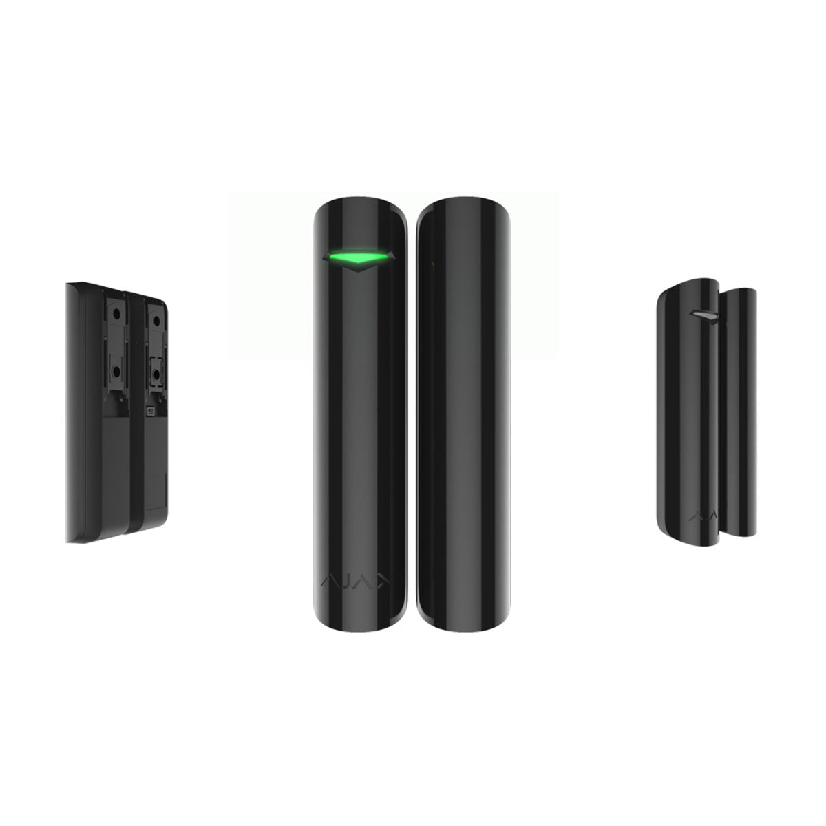 Ajax wireless DoorProtect opening detector in black, shown from multiple angles, ideal for smart home door and window security.
