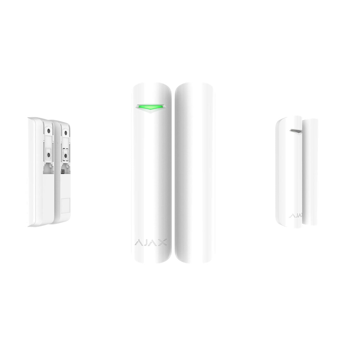 Ajax wireless DoorProtect opening detector in white, shown from front and side angles with LED indicator for smart security solutions.