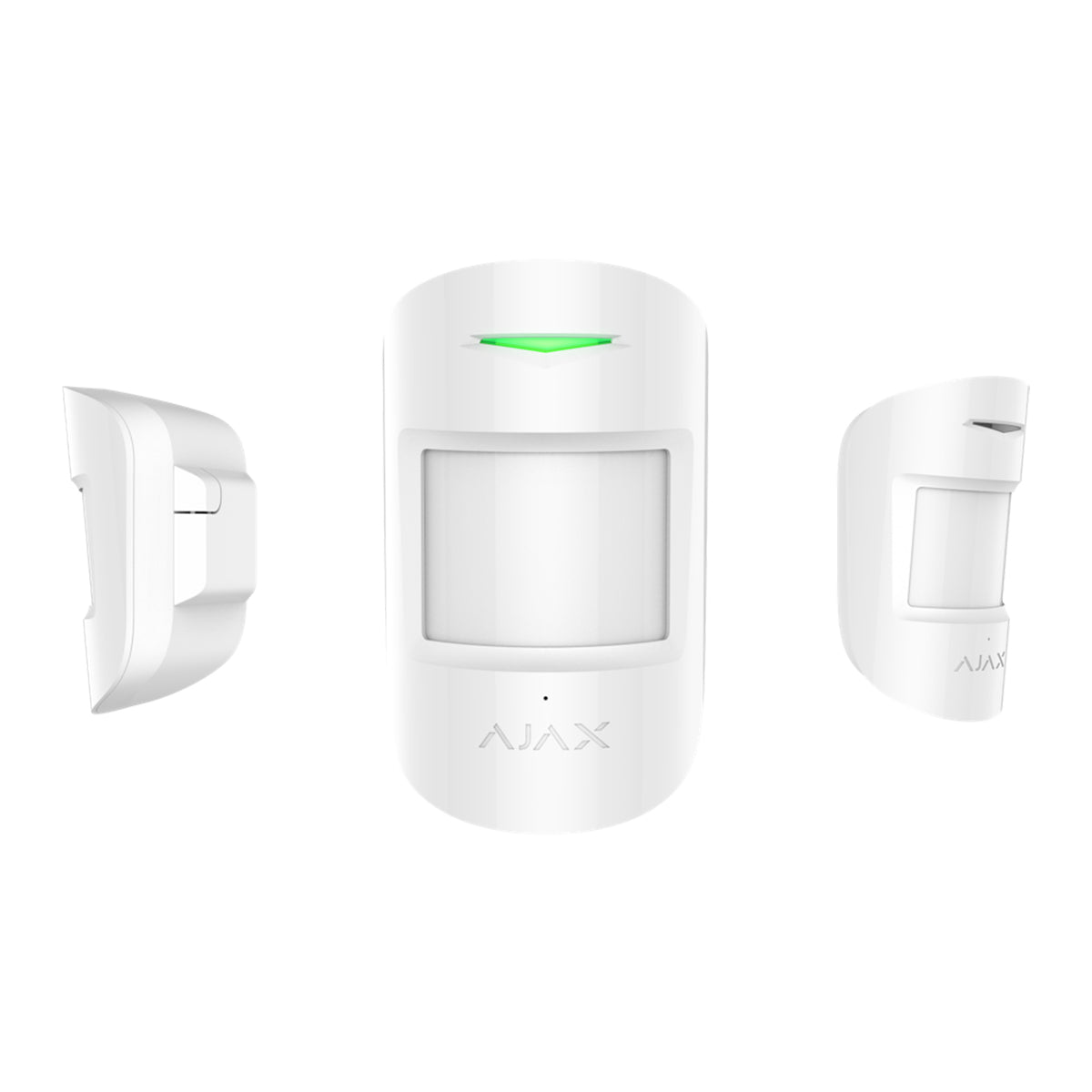 Ajax wireless indoor CombiProtect sensor in white, shown in front and angled views, for motion and glass break detection.