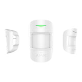 Ajax wireless indoor CombiProtect sensor in white, shown in front and angled views, for motion and glass break detection.
