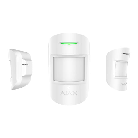 Ajax wireless indoor CombiProtect sensor in white, shown in front and angled views, for motion and glass break detection.