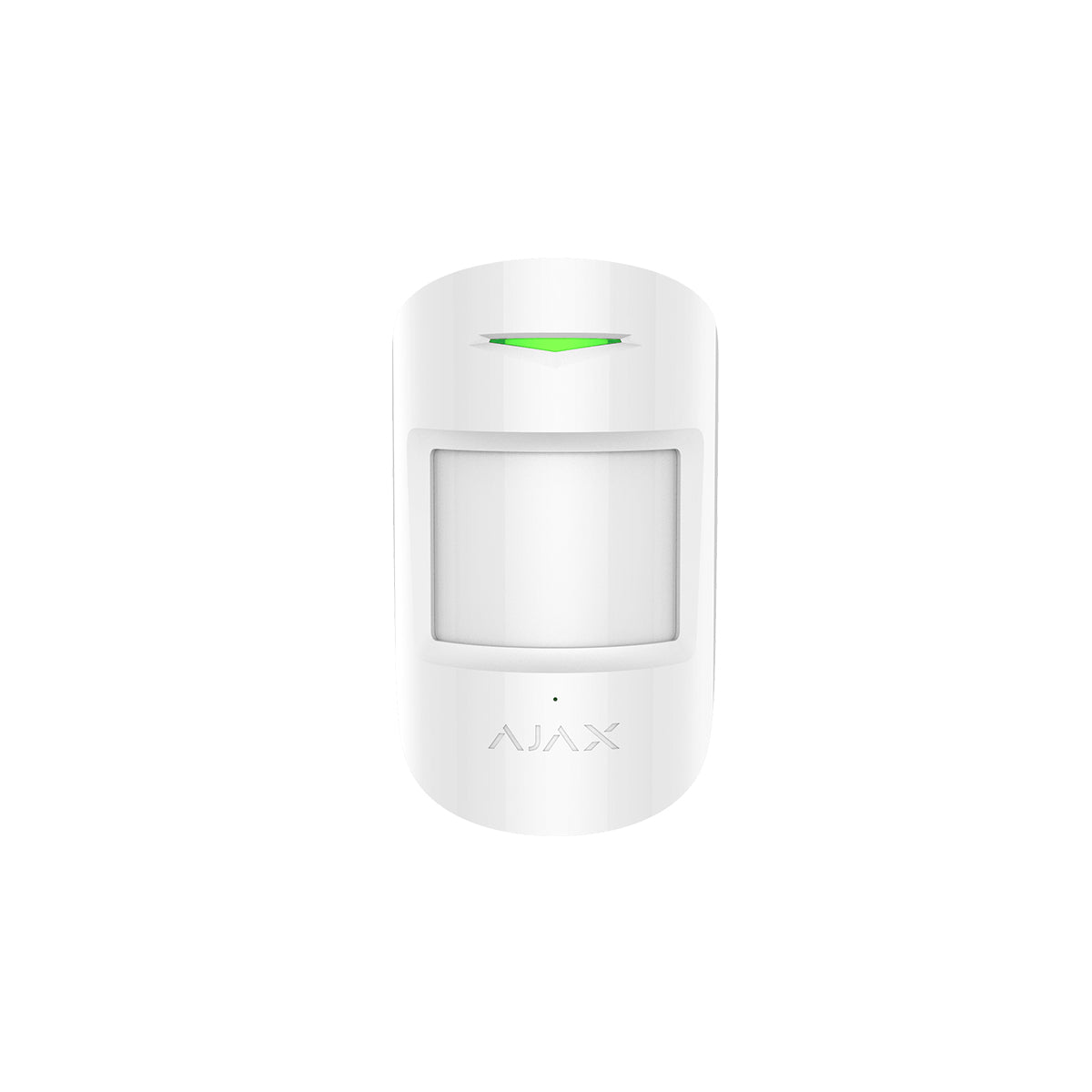 Ajax wireless indoor motion and glass break sensor in white, front view, designed for smart home security and intrusion detection.
