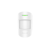 Ajax wireless indoor motion and glass break sensor in white, front view, designed for smart home security and intrusion detection.