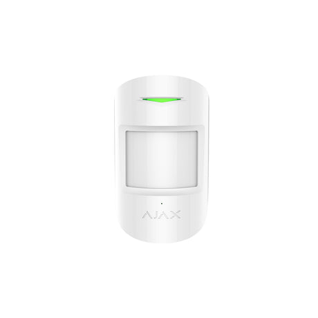 Ajax wireless indoor motion and glass break sensor in white, front view, designed for smart home security and intrusion detection.