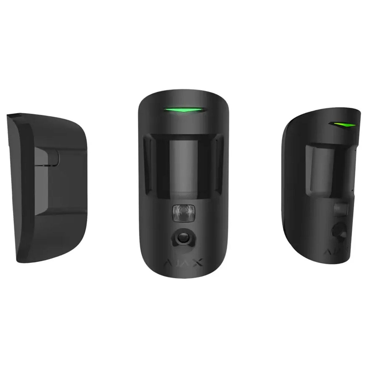 Black Ajax wireless indoor motion camera shown from multiple angles, featuring sensors and a green indicator light.