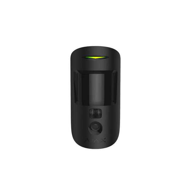 Front view of a black Ajax wireless indoor motion camera with sensors and a green indicator light.
