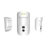 Ajax Wireless Indoor MotionCam sensor in white, showcasing front, side, and mounting angle views.