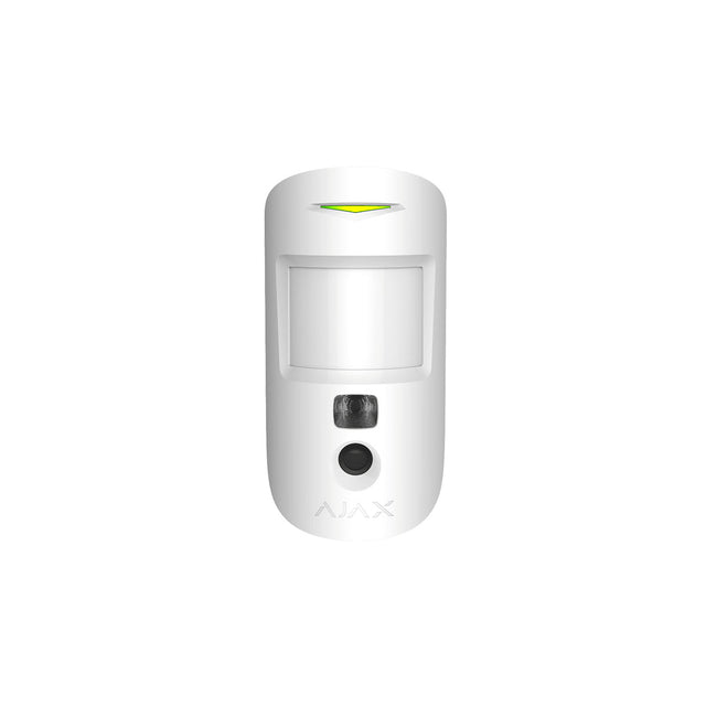 Ajax wireless indoor MotionCam in white, front view showing motion sensor and built-in camera for security monitoring