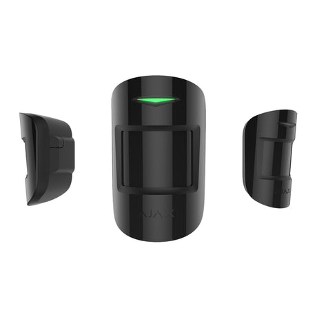 Ajax wireless indoor motion sensor in black, shown from front and side angles with LED indicator for advanced smart security.